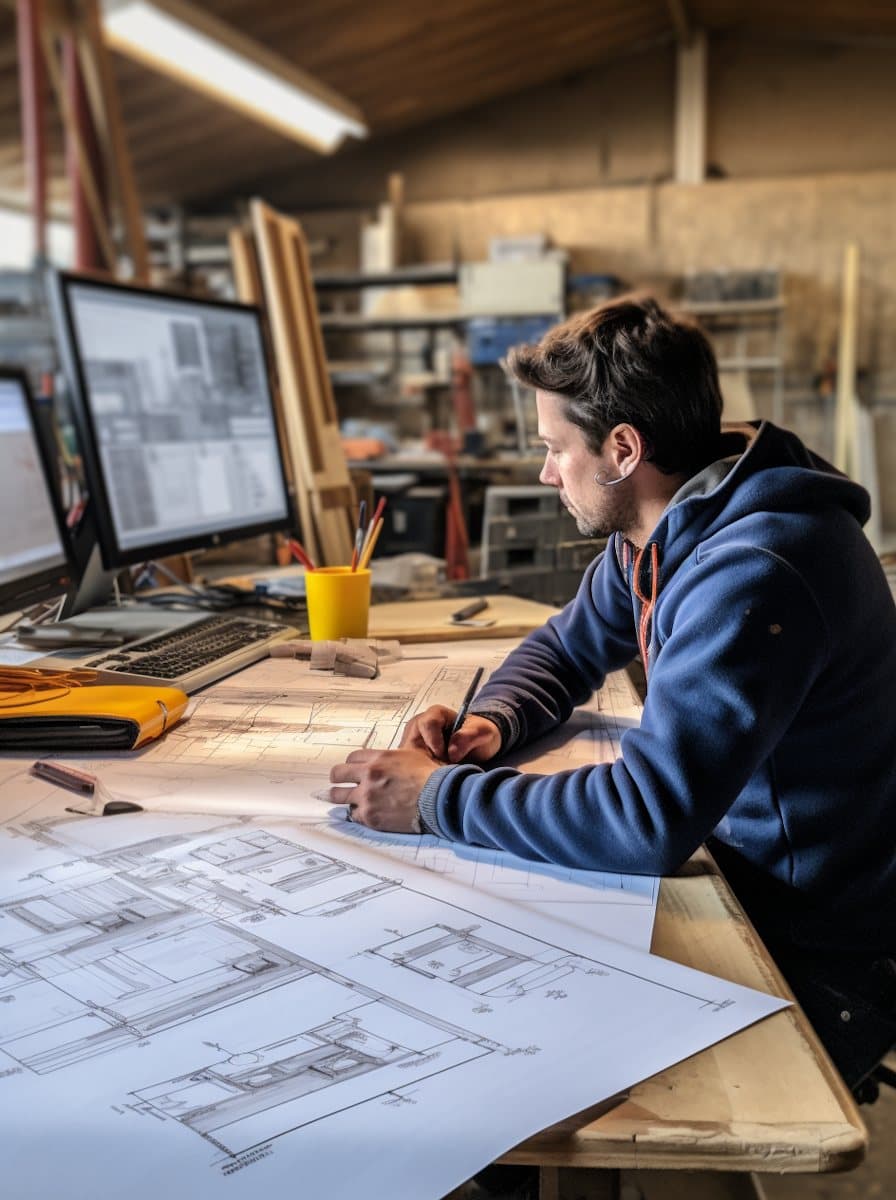 A man working through plans at a desk