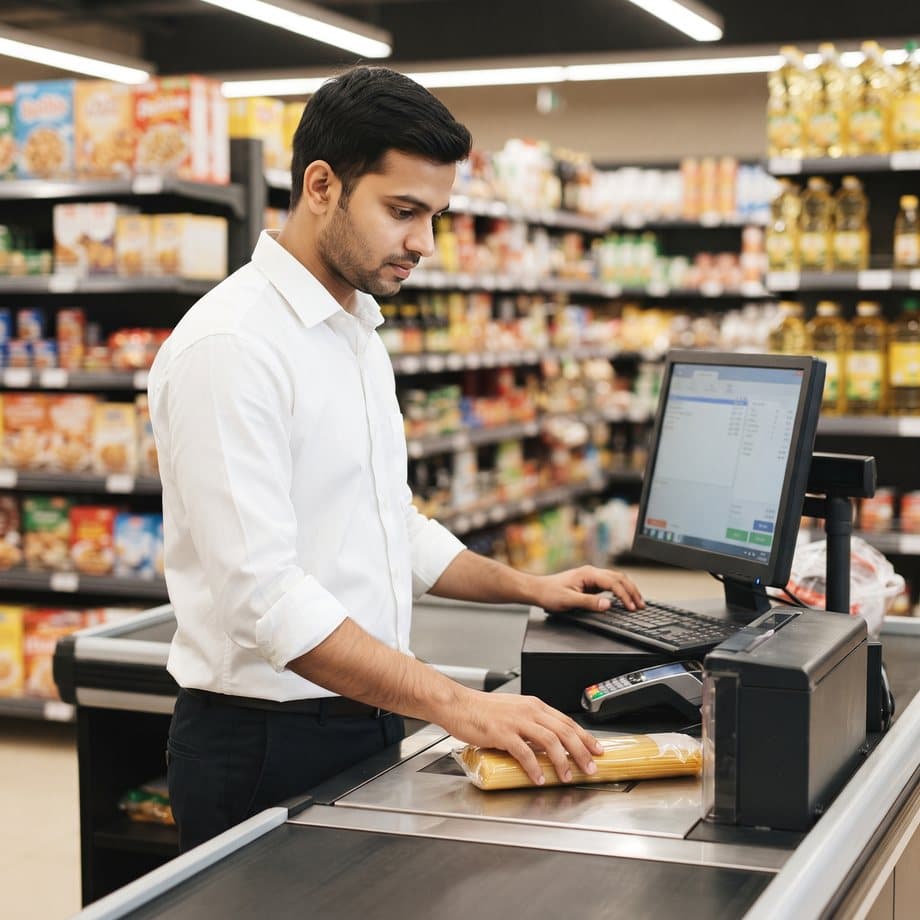 A cashier ringing up a sale at a supermarket till