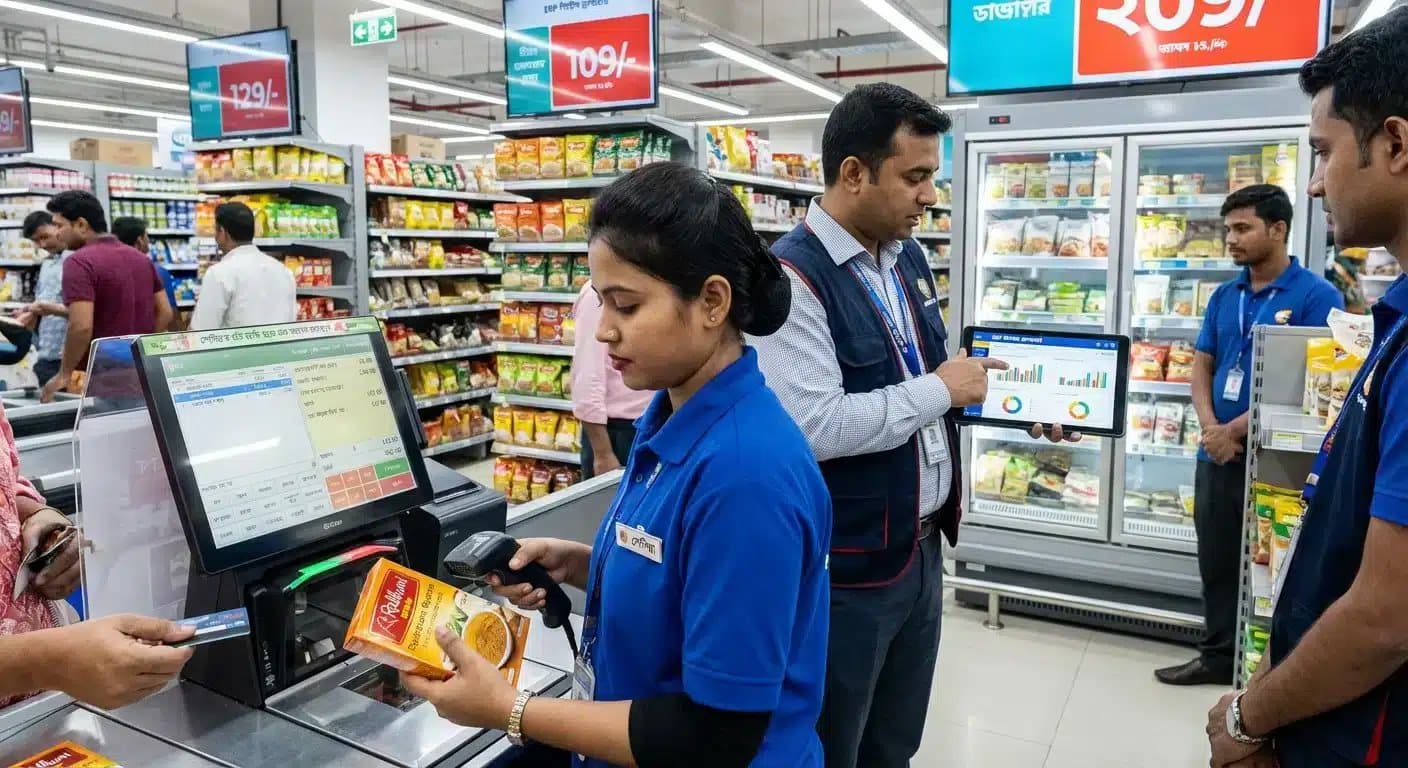 A cashier scanning a customer's item at a supermarket checkout