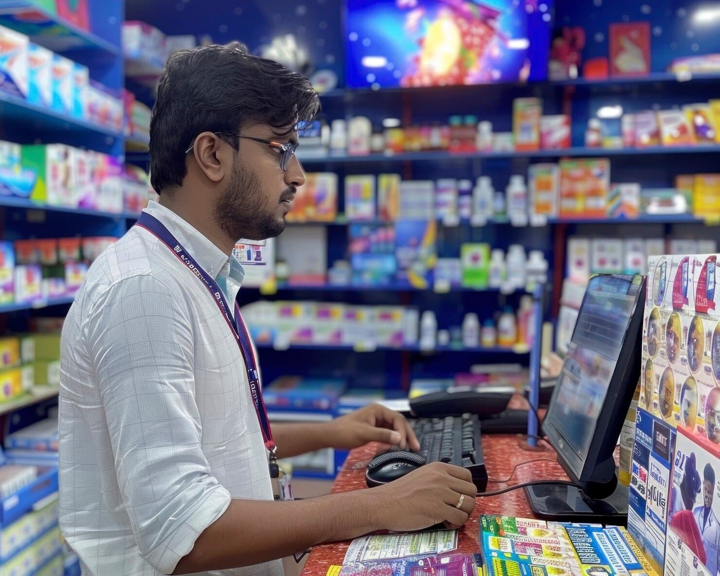 A shopkeeper working at the till of a busy pharmacy counter
